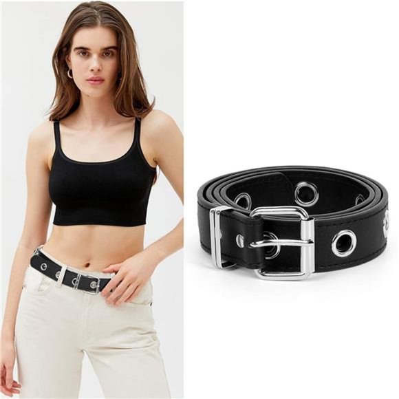 WHIPPY Double Grommet Belt PU Leather Double Prong Buckle Vintage Punk Rock Belt main image 6